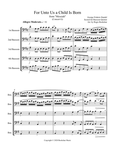 For Unto Us a Child is Born (from "Messiah") (G) (Bassoon Quintet) (arr. Regis Bookshar)