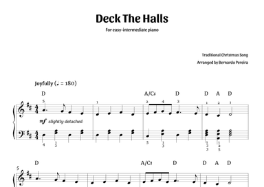 Deck The Halls (easy-intermediate piano – D major) (arr. Bernardo Pereira)