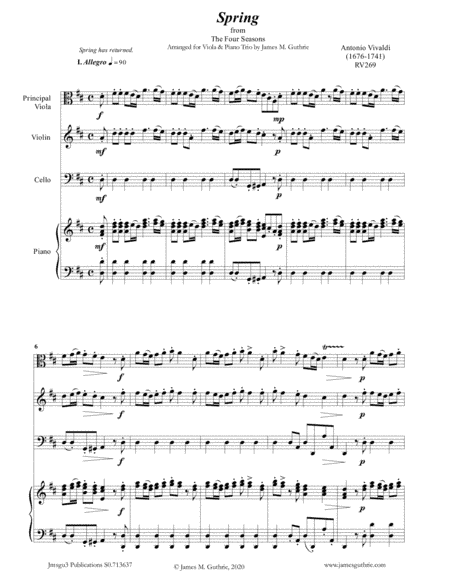 Vivaldi: Spring from the Four Seasons for Viola & Piano Trio (arr. James M. Guthrie, ASCAP)