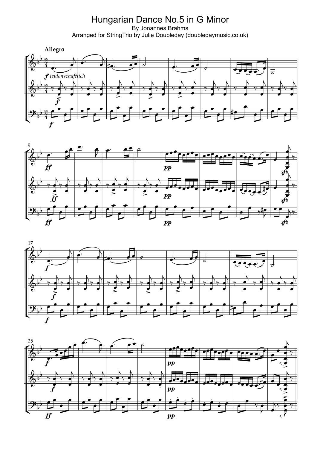 Brahms Hungarian Dance No. 5 in G Minor for String trio (arr. Julie Doubleday)