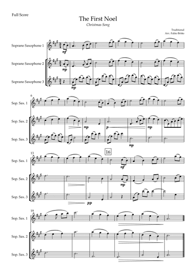 The First Noel (Christmas Song) for Soprano Saxophone Trio (arr. Fabio Britto)