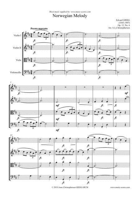 Norwegian Melody, Op.12, No.6 - String Quartet (arr. Anne L Christopherson GRSM ARCM)