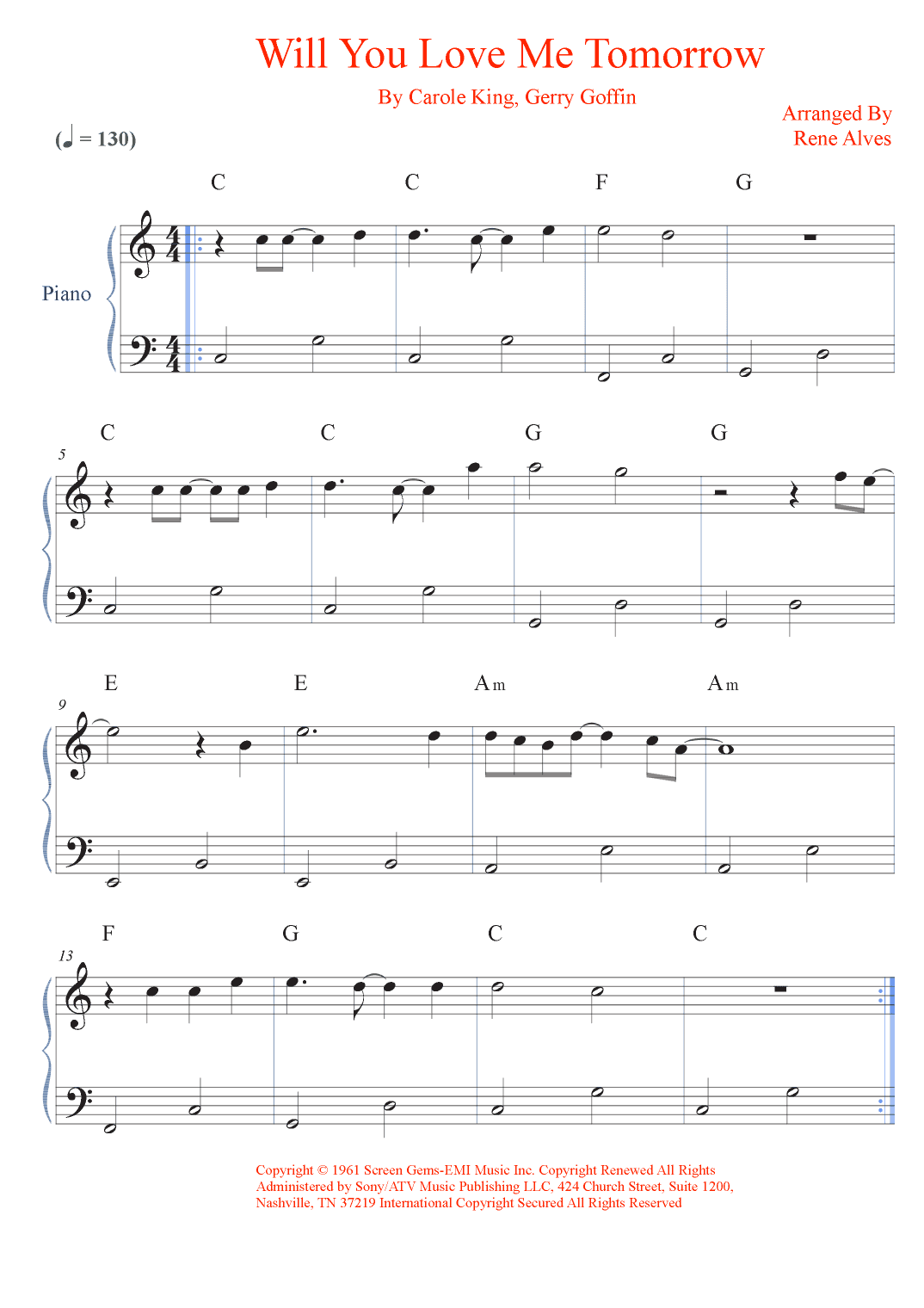 Will You Love Me Tomorrow (will You Still Love Me Tomorrow) (arr. Rene Alves)