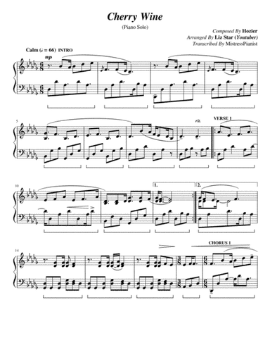 Cherry Wine (arr. Arranged By "LizStar" Transcribed by MistressPianist)