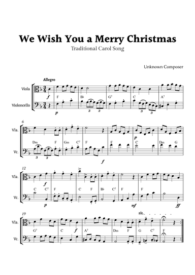 We Wish you a Merry Christmas for Viola and Cello Duet with Chords (arr. Rika K.)