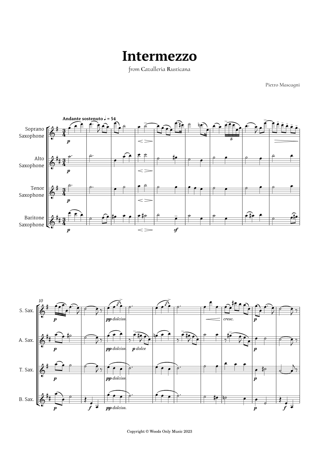 Intermezzo from Cavalleria Rusticana by Mascagni for Saxophone Quartet (arr. Ander)