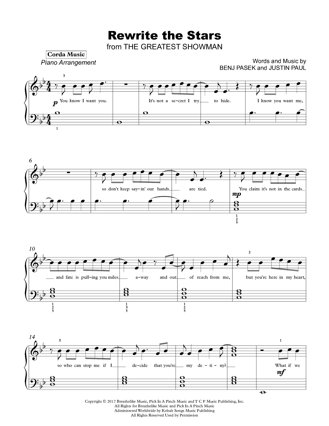 Rewrite The Stars (arr. Christina Vera [Corda Music}) by Zac Efron & Zendaya Easy Piano Digital Sheet Music