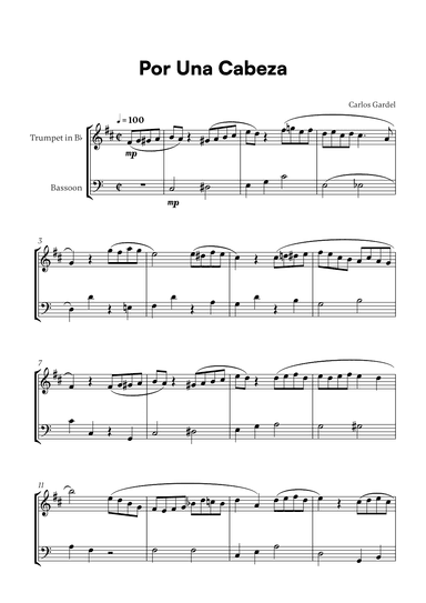 Carlos Gardel - Por Una Cabeza for Trumpet in Bb and Bassoon (arr. Cadenza Editions)