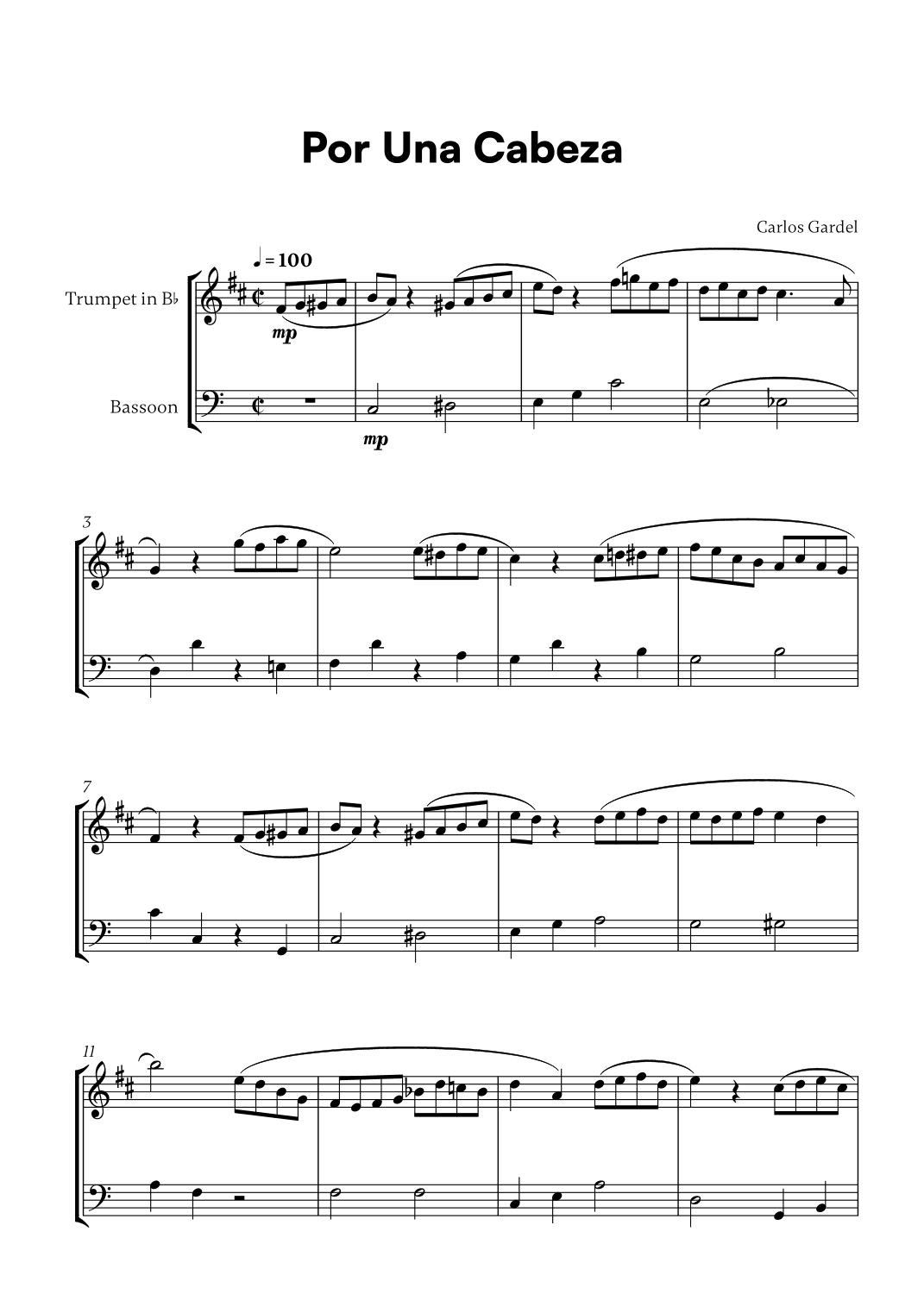 Carlos Gardel - Por Una Cabeza for Trumpet in Bb and Bassoon (arr. Cadenza Editions)