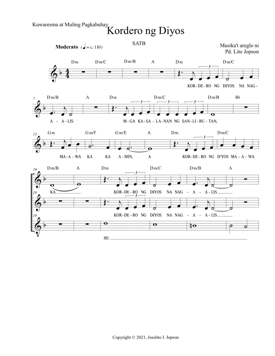 Kordero ng Diyos (SATB for Lent and Easter)