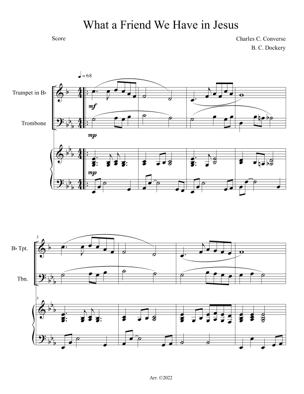 What a Friend We Have in Jesus (Trumpet and Trombone Duet with Piano Accompaniment) (arr. B. C. Dockery)