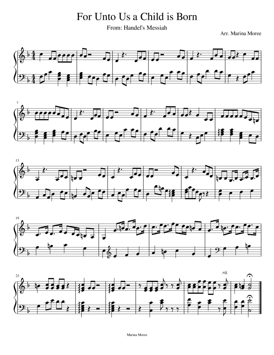 For Unto Us a Child Is Born, intermediate lever harp arrangement (arr. Marina Moree)