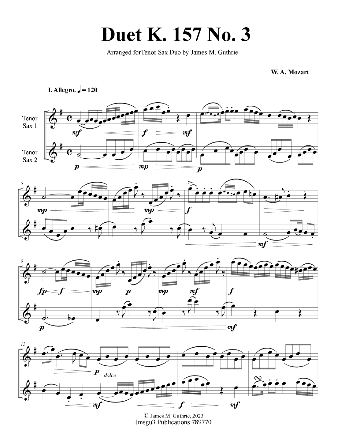 Mozart: Duet K. 157 No. 3 for Tenor Sax Duo (arr. James M. Guthrie)