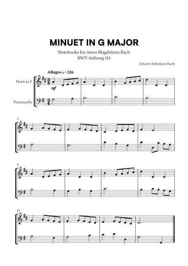 Minuet in G Major (BWV Anh. 114) (for French Horn and Cello) (arr. Cadenza Editions)