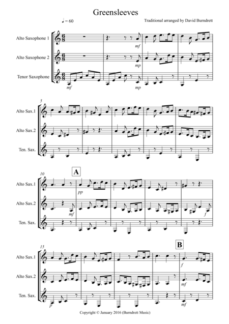 Greensleeves for Saxophone Trio (arr. David Burndrett)