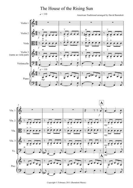 House of the Rising Sun for String Quartet (arr. David Burndrett)