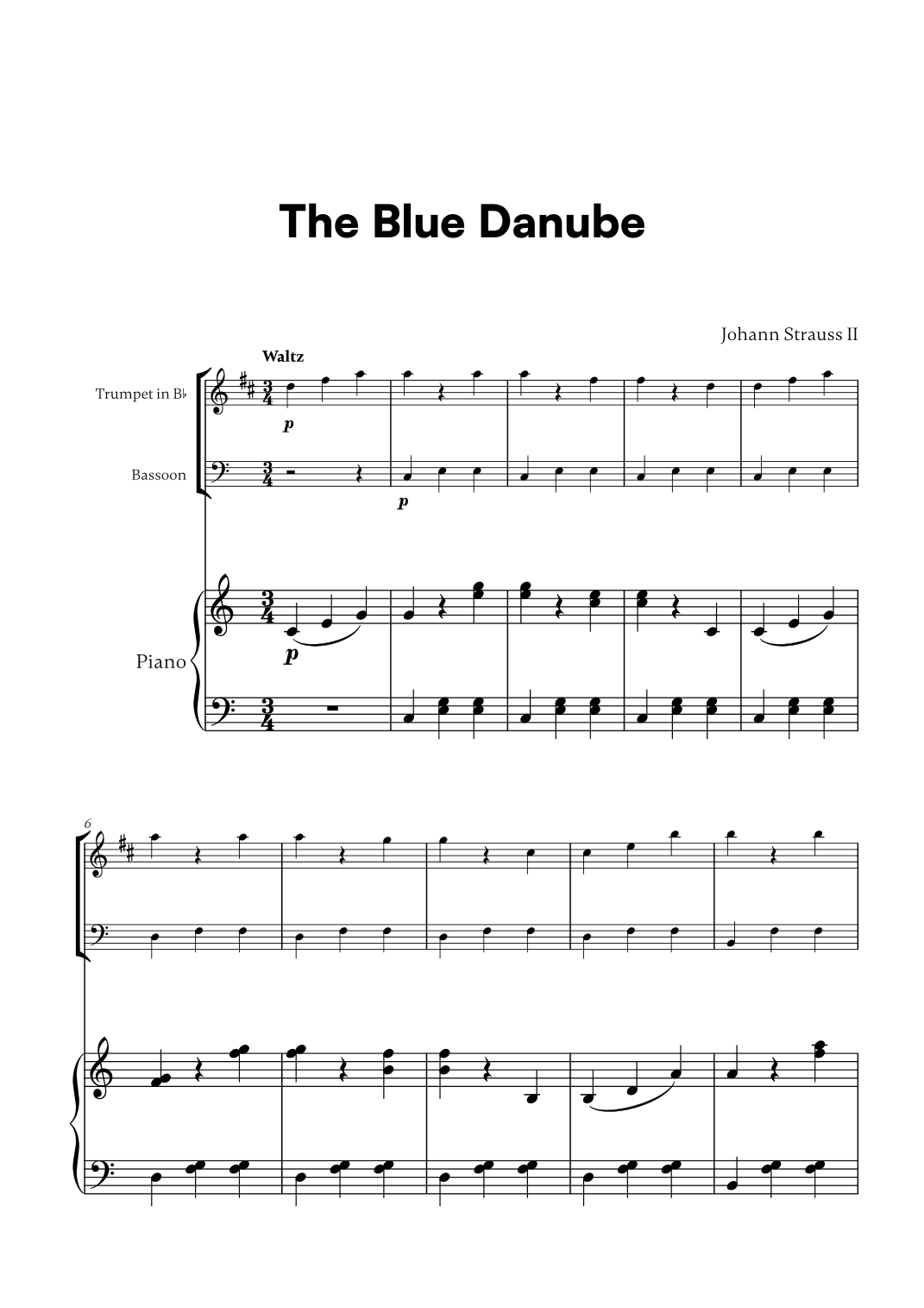 Johann Strauss II - The Blue Danube for Trumpet in Bb, Bassoon and Piano (arr. Cadenza Editions)