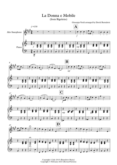 La Donna e Mobile (from Rigoletto) for Alto Saxophone and Piano (arr. David Burndrett)