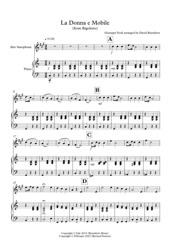 La Donna e Mobile (from Rigoletto) for Alto Saxophone and Piano (arr. David Burndrett)