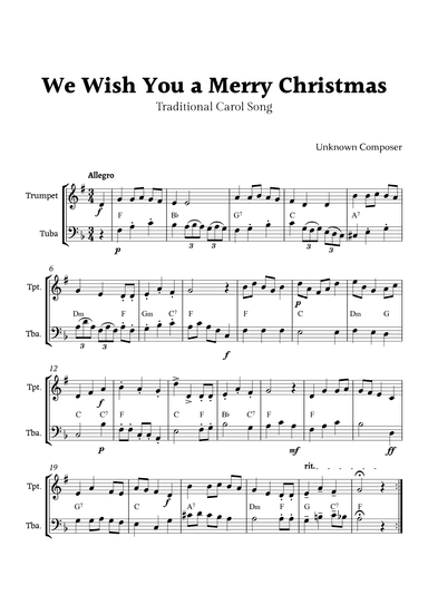 We Wish you a Merry Christmas for Trumpet and Tuba Duet with Chords (arr. Rika K.)