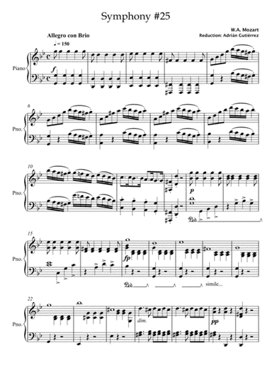 W.A. Mozart 1 mov Symphony 25 piano reduction (arr. Adrián Gutiérrez)