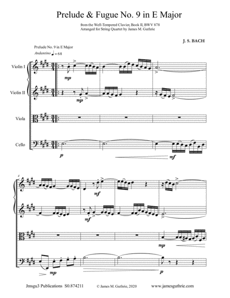 BACH: Prelude & Fugue No. 9 in E Major, BWV 878 for String Quartet (arr. James M. Guthrie)