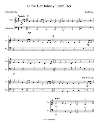Leave Her Johnny Leave Her (Easy Violin Cello Duet) (arr. Christopher Bell)