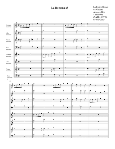 La Romana a8 from Sinfonie musicali, Op.18 (Venice, 1610) (arrangement for 8 recorders (SATB+SATB)) (arr. Gil Garty)