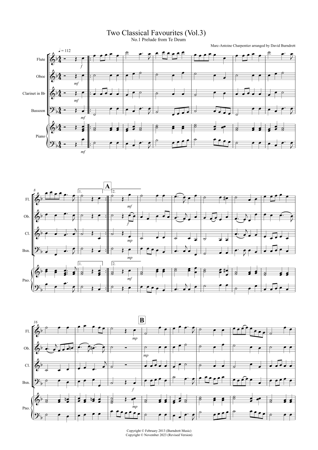 2 Classical Favourites for Wind Quartet (volume three) (arr. David Burndrett)