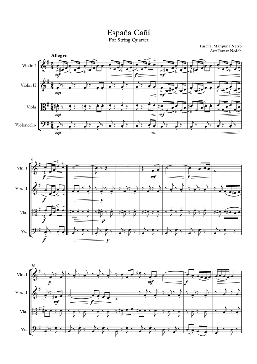 España Cañi for String Quartet (arr. Tomaz Nedoh)