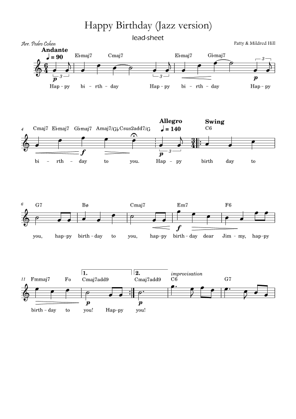 Happy Birthday (jazz version) (arr. Pedro Cohen)