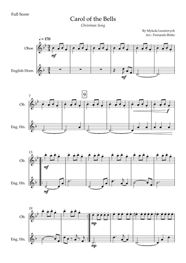 Carol of the Bells in Jazz Version (Christmas Song) for Oboe & English Horn Duo (arr. Fabio Britto)