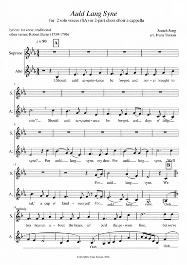 Auld Lang Syne, SA duet or 2 - part choir  a cappella (arr. Ivana Tuskan)
