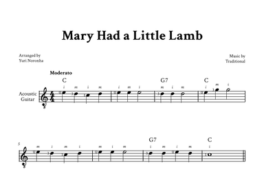 Mary Had a Little Lamb - Easy Guitar (with Chord and Fingering) (arr. Yuri Noronha)