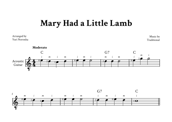 Mary Had a Little Lamb - Easy Guitar (with Chord and Fingering) (arr. Yuri Noronha)