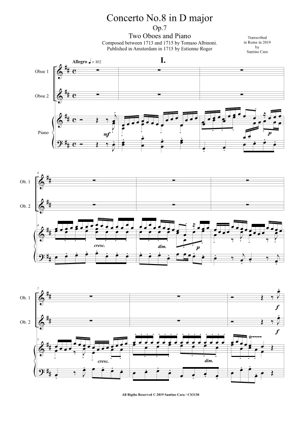 Albinoni - Concerto No.8 in D major Op.7 for Two Oboes and Piano (arr. Santino Cara)
