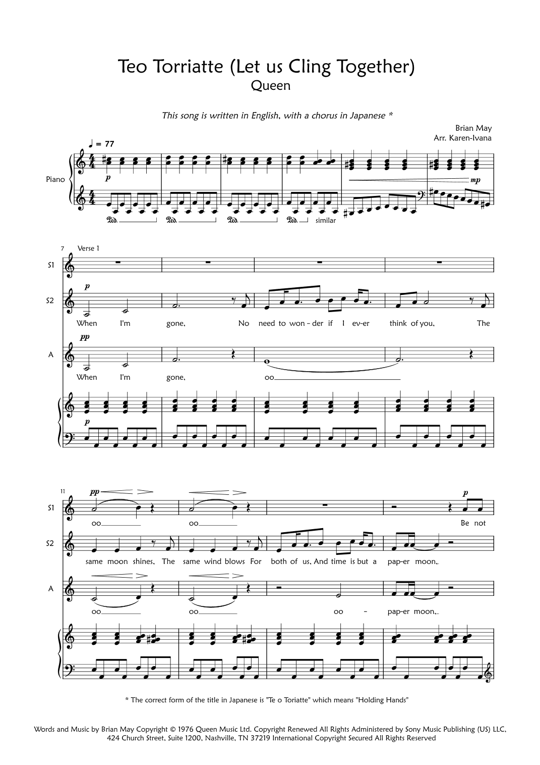 Teo Torriatte (let Us Cling Together) (arr. Karen Ivana)