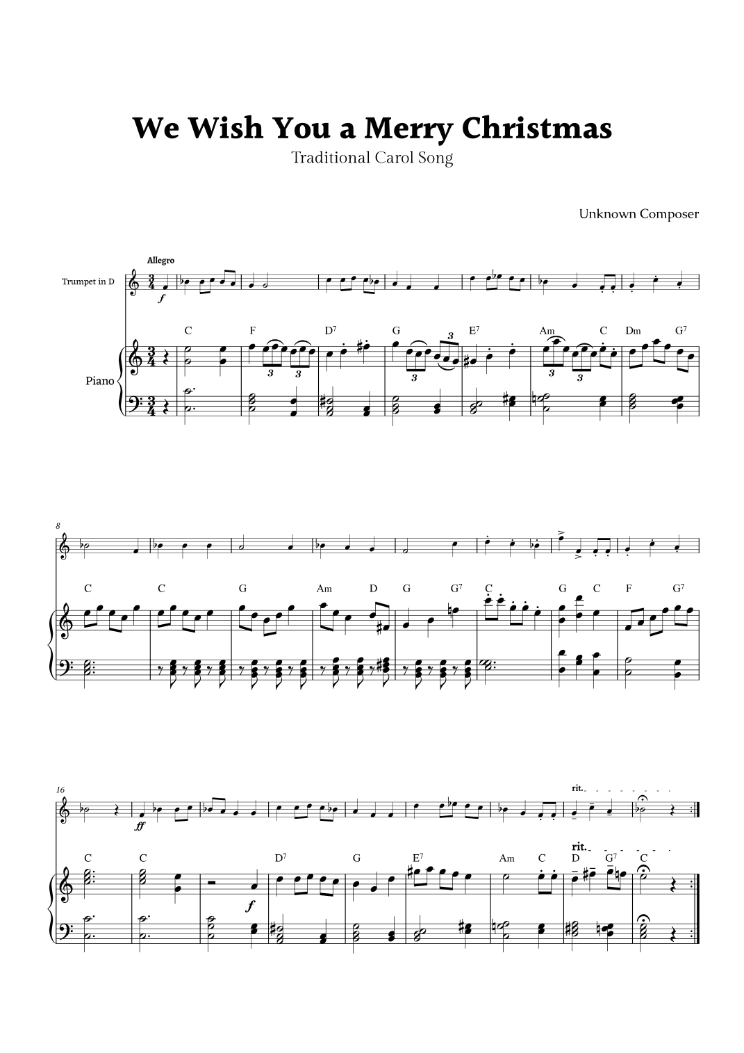 We Wish you a Merry Christmas for Trumpet in D and Piano (arr. Rika K.)