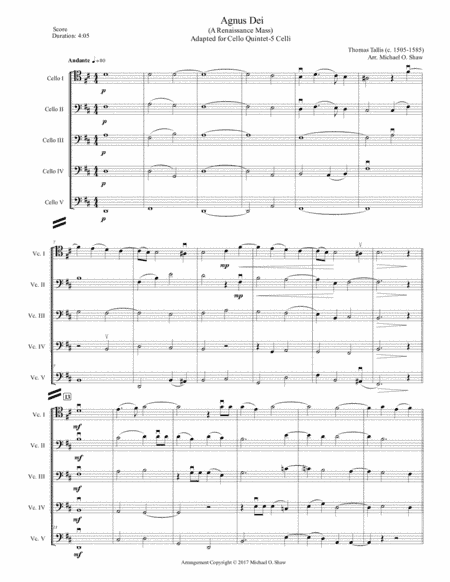 Agnes Dei (A Renaissance Mass) for Cello Quintet: 5 Cellos (arr. Michael O. Shaw)