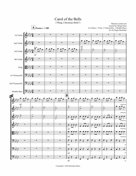 Carol of the Bells (F min) (String Octet - 4 Violin, 1 Viola, 2 Cello, 1 Bass) (arr. Regis Bookshar)