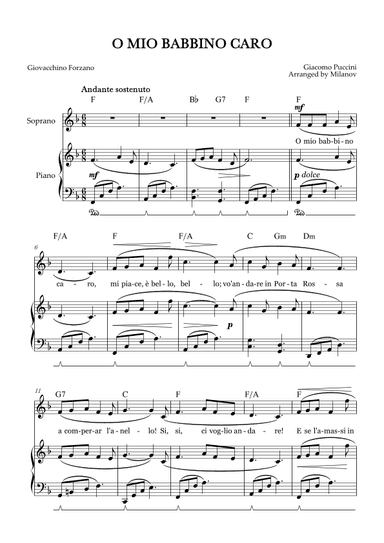 O Mio Babbino Caro | Female Voice Soprano | F Major | Piano accompaniment | Pedal | Chords (arr. Milanov)
