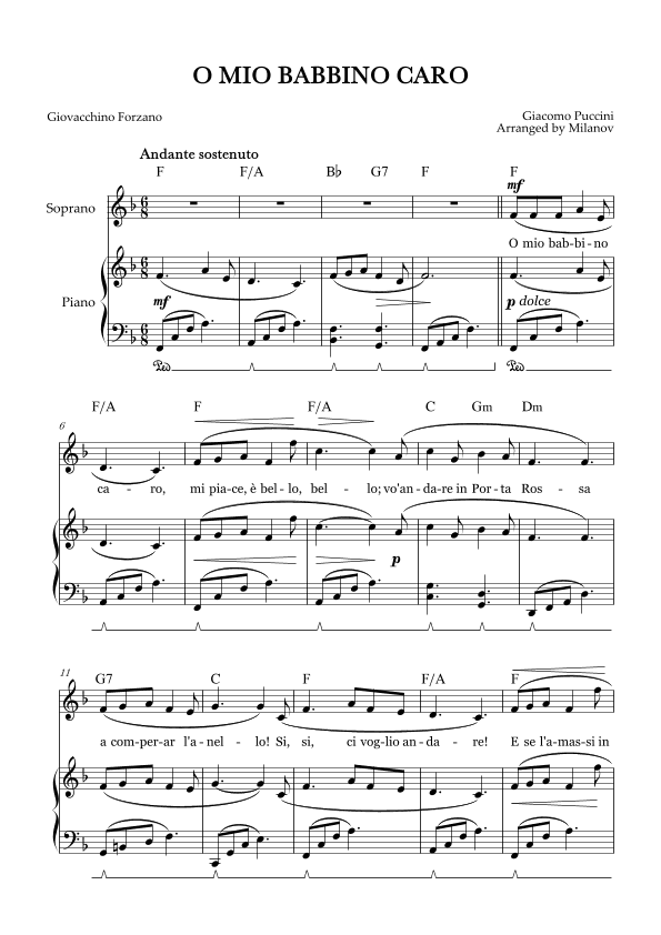 O Mio Babbino Caro | Female Voice Soprano | F Major | Piano accompaniment | Pedal | Chords (arr. Milanov)
