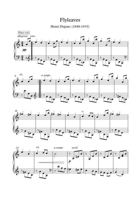 Flyleaves  solo piano by  Henri Duparc (arr. PianoSheetNow)