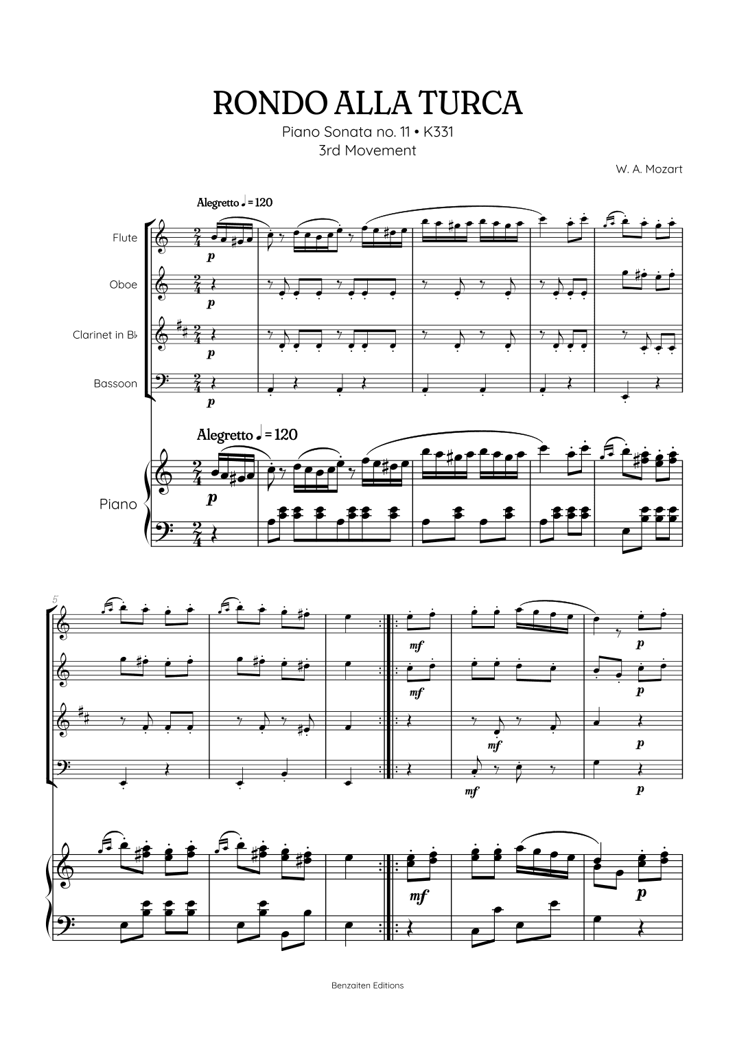 Rondo Alla Turca (Turkish March) |  Woodwind Quartet sheet music with piano accompaniment (arr. Benzaiten Editions)