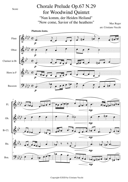 Chorale Prelude Op.67 N.29 for Woodwind Quintet (arr. Cristiano Vecchi)