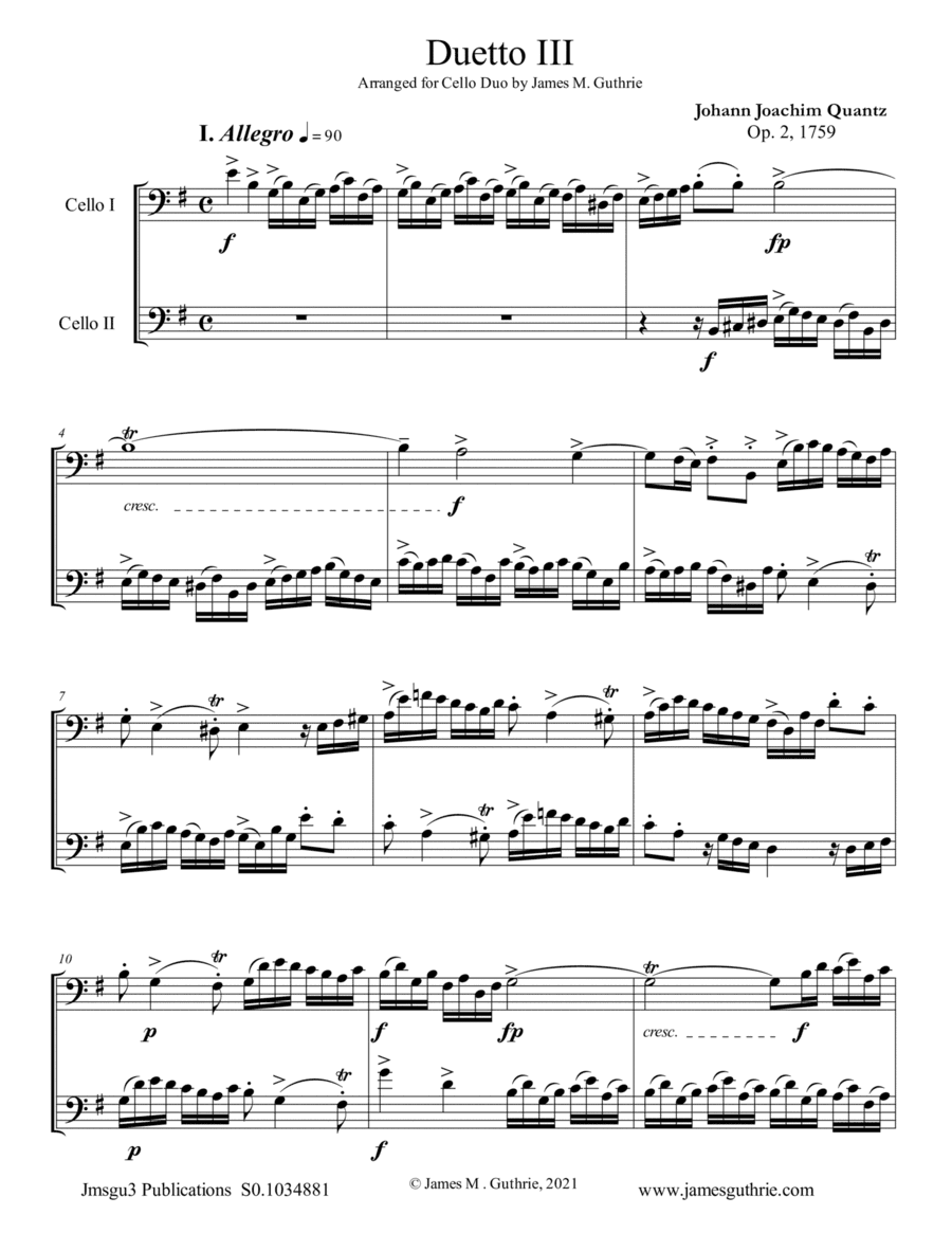 Quantz: Duetto Op. 2 No. 3 for Cello Duo (arr. James M. Guthrie)