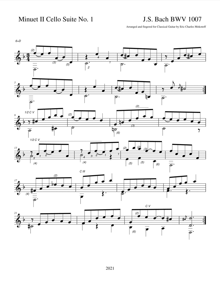 Minuet II JS Bach bwv 1007 Cello Suite no. 1 (arr. Eric Charles Mokotoff)