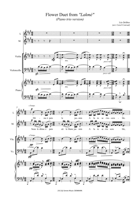 Flower Duet from Lakmé, arranged for 2 voices and piano trio (arr. Carol Conrad)
