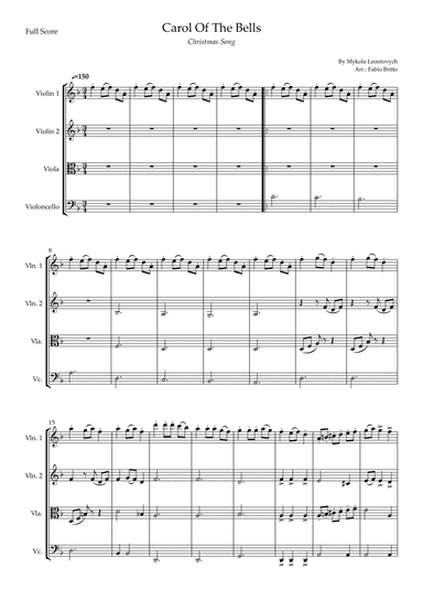 Carol Of The Bells (Christmas Song) for String Quartet (D Minor) (arr. Fabio Britto)