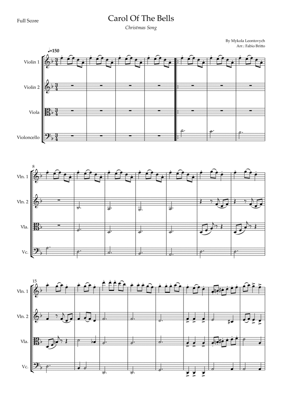 Carol Of The Bells (Christmas Song) for String Quartet (D Minor) (arr. Fabio Britto)